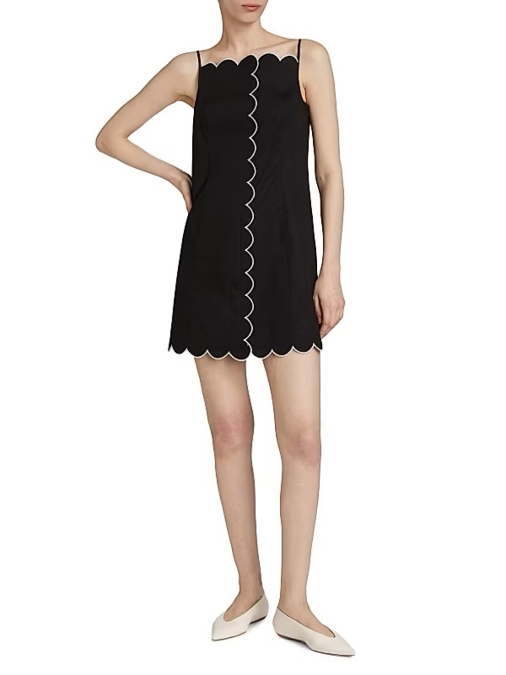 WAYF Margo Scalloped Black Mini Dress with White Scallop Trim NWT Large